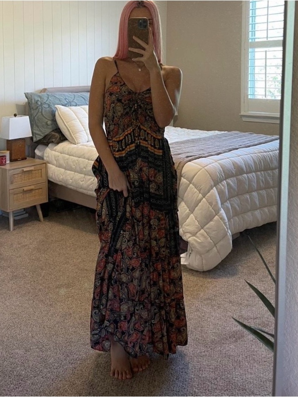 Boho Floral Print Maxi Dress in Black and Rust